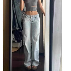 Hnewly Light Blue Low Waist Jeans Woman Streetwear American Vintage Denim Pants Female Casual Washed Straight Pantalons Mujer Fall