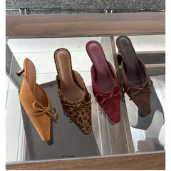 Hnewly Women Baotou High Heel Half Slippers French Bow Sexy Commuter Pointed Shallow Mouler Shoes Stripper Mules Shoes High Heel Shoes