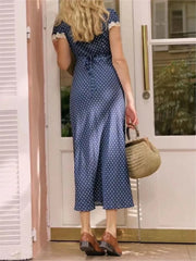Hnewly Chic Fashion Lace Polka Dot Long Dress V-neck Sexy Women Dress Navy Blue Vintege Elegant Dresses 2025 New Woman Clothing