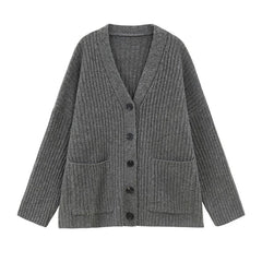 Hnewly Oversized Cardigan Women Long Sleeve Pocket Front Button-up Rib Knit Sweater Jacket Teen-girl Autumn Winter Preppy Daily Outfit
