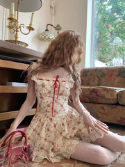 Hnewly DRESS TO IMPRESS 2024 New Sweet Floral Dress Set Woman Casual Red Short Cardigan Elegant Lace Y2k Mini Dress Beach Korean Fashion Clothing Suit