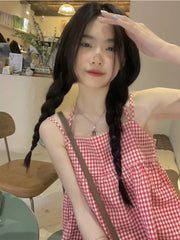 Hnewly Red Plaid Camisole Women Backless Hotsweet Bandage All-match Loose College Personality Chic Summer Korean Style Fashion Ulzzang