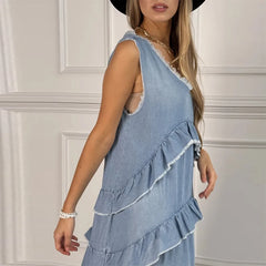 Hnewly Loose Ruffles Edging Denim Long Dress Women Casual V-neck Sleeveless Female Cake Dresses Summer Lady Fashion Vacation Robe