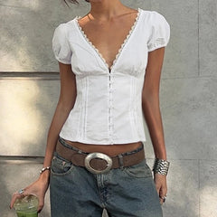 Hnewly Elegant Lace V-neck Blouse Women Vintage 2000s Button Up Short Sleeve Slim-fitting Crop Tops Summer Casual Streetwear Tee