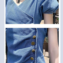 Hnewly Summer Bodycon Denim Dress Woman Chic Meimaid Ruffle Knitted Dresses Ladies Casual V-Neck Bubble Sleeves Short Dress Mujer