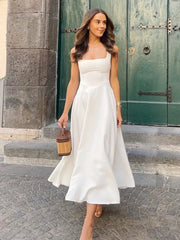 Hnewly Elegant Square Collar White Long Dress 2025 New Summer A-line Sleeveless Tank's Dress Fashion Vacation Party Wedding Women Dress