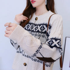 Hnewly Argyle Cardigan Sweaters Women Geometric Print Long Sleeve Button-up Knitted Coat Soft Knitwear Vintage Fall Winter Outfit