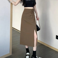 Hnewly Korean Shirring Midi Skirts for Women Fashion Office Side Split Black Skirt Woman Streetwear All-Match High Waist Skirts Female