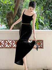 Hnewly prom dresses 2025 Elegant Annual Meeting Long Dress Women French Wine Red Black Velvet Strap Backless Slit Maxi Robe Femme Bottom Party Vestidos