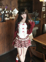 Hnewly Kawaii Lolita Style Sweet 3 Piece Set Woman Cute Short Cardigan Bow Floral Vest Y2k Plaid Mini Skirts Female Korean Fashion Suit