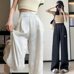 Hnewly New 2024 Spring Summer Wide Leg Loose Pants For Women Black Or White Color Chinese Style High Waist Jacquard Trousers Women