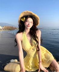 Hnewly Woman Dress Sleeveless Halter V Neck Hollow Out Slim Lace Patchwork Summer Fashion Holiday Party Mini Dresses Elegant