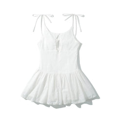 Hnewly Sexy White Embroidery Flower Cotton Corset Style Bow Sling Dress Women Low Waist Ruched A-line Swing Mini Party Dresses Robe