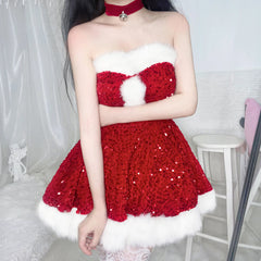 Hnewly Christmas Costumes Christmas Dress Up Glitter Adult Christmas Clothes Strapless Clothing Set Halloween Carnival Outfit