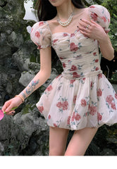 Hnewly Sweet Floral Sexy Strap Dress Women Folds Designer Casual Mini Fairy Dress Female 2024 Summer Puff Sleeve Korean Princess Dress