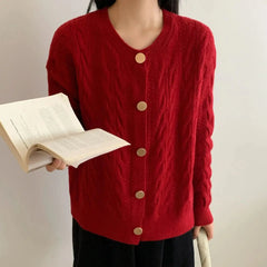 Hnewly Vintage Twist Knit Cardigan Women's Lazy Loose Soft Thickened Single-Breasted 2025 Autumn Winter New Korean Style Female Tops