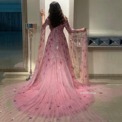 Hnewly Charming Pink Boat Neck Shiny Sequin Tulle Evening Dress A-Line Floor Length Sweep Train Custom Made Zipper Prom Dress