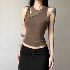 Hnewly Summer Tanks Tops Women O-neck Slim New Stylish Sexy Sleeveless Solid Color Spliced Navel-Exposed Tee Woman Clothing