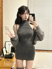Hnewly spring fashion trend Autumn Elegant Knitted Suit Woman Korean Fashion 2 Piece Set Sexy Sleeveless Slim Mini Dress + Casual Short Cardigan Chic