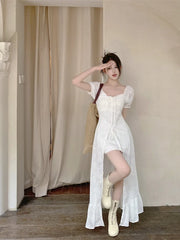 Hnewly Korean Fashion Womens White Long Dresses Puff Sleeves Summer Elegant Party Dresses 2024 Casual Slim Female Sexy Dresses
