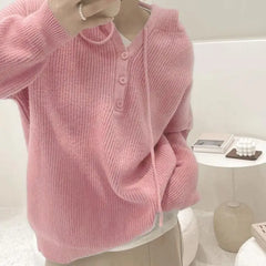Hnewly Hooded Sweater for Women Loose Button Front Long Sleeve Rib Knit Pullovers Hoodie Fall Winter Teen-girl Casual Chic Outfit