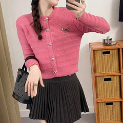 Hnewly Ribbon Button Up Knit Cardigan Sweater for Women Long Sleeve Button Front Sweater Jacket Teen-girl Y2K Cute Outfit