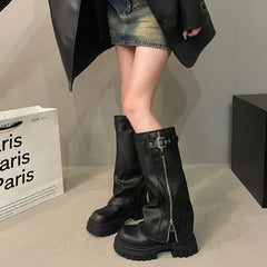 Lunivop Winter Women Biker Boots Fashion Belt Buckle Ladies Elegant Platform Long Pipe Booties Casual Women's Knee High Booties
