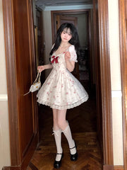 Hnewly DRESS TO IMPRESS Coquette Lace Trim Bowknot Mini Dress Women Sweetheart Puff Sleeves Ruffle Floral Princess Lolita OP Summer Clothes