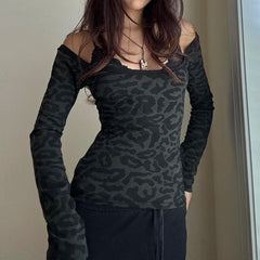 Hnewly Leopard Print Black T Shirt Women Lace Patchwork Full Sleeve Tee y2k Chic Off-shoulder Cropped Top Vintage 2000s Clothing