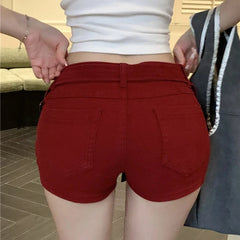 Hnewly Summer Red Slim Hot Mini Shorts Women Streetwear Belt Buckle Tight Shorts Woman High Waist Y2K Dance Short Pants Female