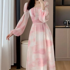 Hnewly Pink Chiffon Dresses Woman Square Neck Spring Autumn Long Dress A-line Korean Fashion Elegant Sweet Vestidos Mujer