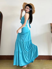 Hnewly Halter Backless 2 Piece Set Women Ruched Elegant Crop Camisole+Elastic Waist Ruffles Long Skirts Street Trend Suits