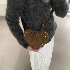 Hnewly Vintage Faux Suede Love Hearts Crossbody Bag for Women Mini Shoulder Bags Funny Cute Small Coin Purses