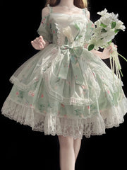 Hnewly Summer Fairy Lolita Tulip's Printed Sling Dress Women Elegant Bow Lace Ruffles Off-the-Shoulder Princess Dresses In Stock