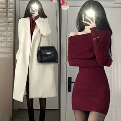 Hnewly DRESS TO IMPRESS Elegant Beautiful Women's Bodycon Dresses Slim Fitting Solid Color Fashion Autumn Off Shoulder Wrap Dress Dresses Winter