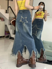 Hnewly American Vintage Washed Irregular Denim Skirts Y2k Mid-length Star Skirt for Women 2025 Summer Low-waist Falda Sexy Mujer