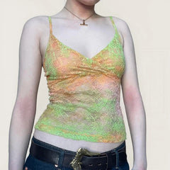 Hnewly y2k Lace Tie Dye Camis Chic Slim-fitting Cropped Top for Women Vintage 90s Mini Vest Summer Holiday Sexy Transparent Tees