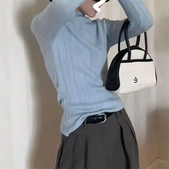 Hnewly Woman Fashion Casual Half High Collar Long Sleeve T-shirt Female Skinny Bottoming Shirt Autumn Ribbed Top Y2K Chic Clothes