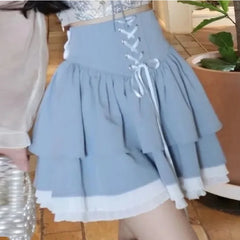 Hnewly blue Kawaii Mini Skirt korean style Women Sexy Gyaru Pink Bow Bandage High Waist Pleated Skirts Y2k Shorts Summer layered