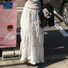 Hnewly Fashion Polka Dot Print Women Causal Long Skirts Ruffly Ruched Spliced Sweet Simple Summer New Chic Skirts