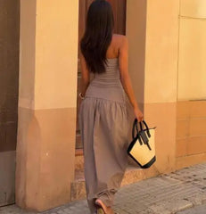 Hnewly Autumn New Women's Strapless Sleeveless Slim Bodice and Relaxed Maxi Dress Ruched Waist and Flowy Solid Color Skirt