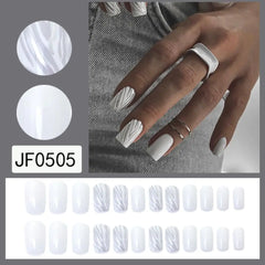Hnewly 24PCS Short Square False Nails French White Edge Fake Nials Silver Flame Full Cover Press On Nails Detachable Ballerina Nail Tip