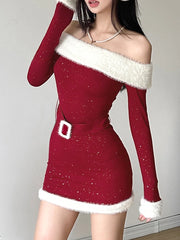 Hnewly Christmas Party Dress Slim Patchwork Fur Trim Bodycon Dress With Belt Casual Slash Neck Long Sleeve Mini Dresses Women
