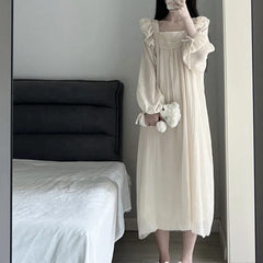 Hnewly Lace Nightgown Sleepwear Women Korean Ruffles Night Dress Spring One Piece Pajamas Long Sleeve Square Collar Home Wear 2024 New