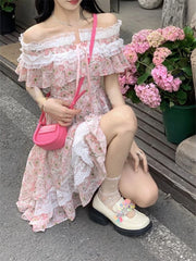 Hnewly Summer Sweet Floral Lace Irregular Dress Women Beach Style Elegant Y2k Dress Casual One Piece Dress Korean Fashion Outwear