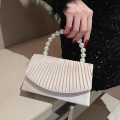 Hnewly Beige Pleated Handbag Women Pearl Handle Flap Shoulder Bag Ladies Elegant Fashion Banquet Desiqner Luxury Crossbody Bag New