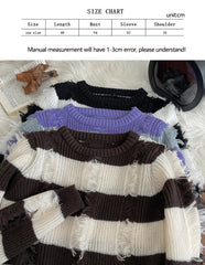 Hnewly Loose Stripe Hole Knitted Sweater Women's 2025 Autumn Winter New Retro Japanese Short Pullover Tassel Versatile Tops