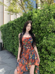Hnewly Retro oil painting printed camisole dress women in summer slim fit irregular skirt design waist cinching A-line short skirt