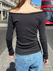 Hnewly Dark Gray Lace Trim Long Sleeve T-shirt Woman Autumn Scoop Neck Cotton Slim Tees American Vintage Streetwear Tshirt Y2k Tops