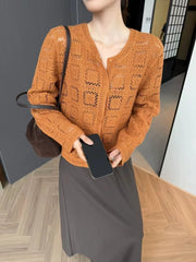 Hnewly Crochet Cardigan for Women Sheer Openwork Button Front Pointelle Knit Jacket Tops Blouse French Chic Boho Vacation Outfit